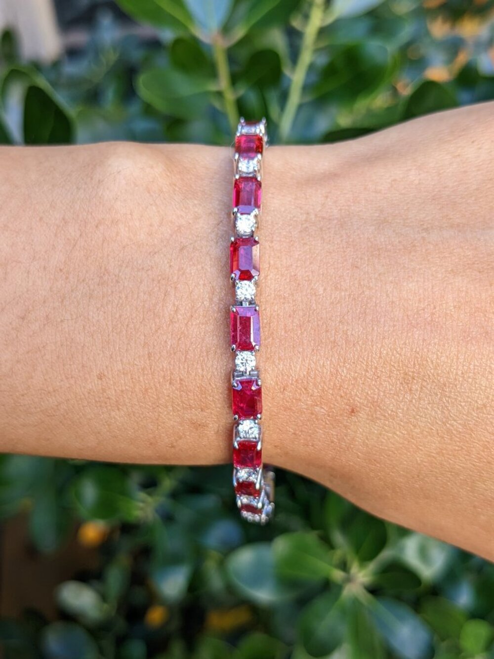 9.01ctw Mozambique Emerald Cut Ruby Diamond Bracelet 14K White Gold 7 Inch